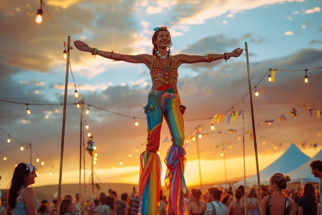 Homme en costume d'échassier lors d'un spectacle en extérieur, illustrant le métier d'échassier