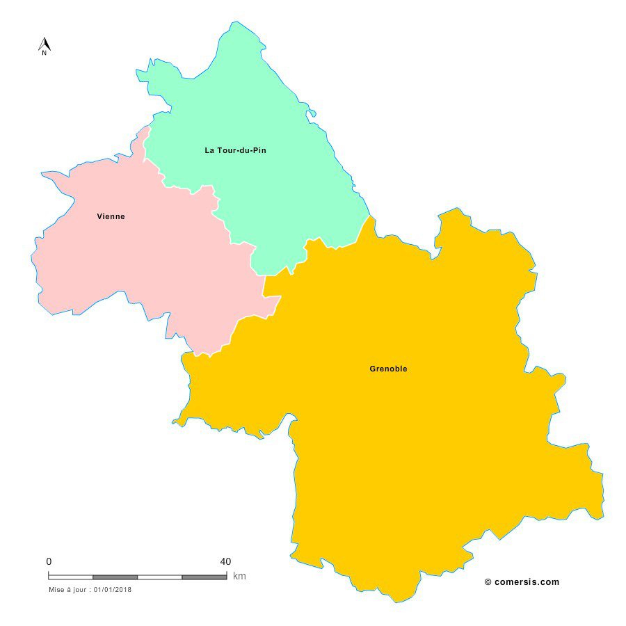 Carte des arrondissements de l'Isère avec Beaurepaire