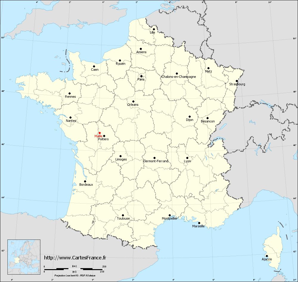 Carte administrative de la commune de Maillé dans la Vienne avec ses codes postaux