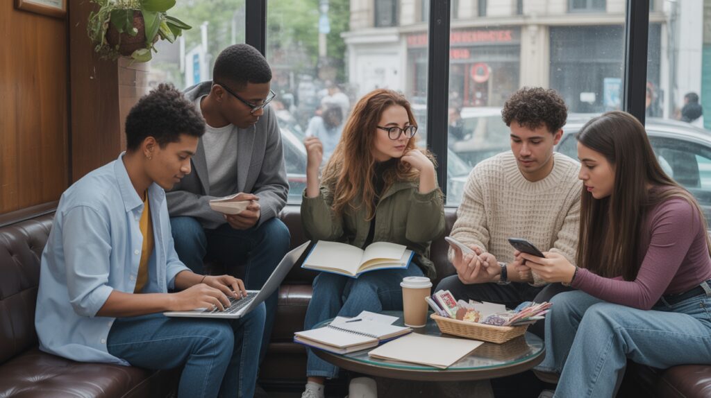 Photo réaliste d'étudiants collaborant dans un café, illustrant différentes façons de gagner de l'argent avec un aspect naturel et authentique.