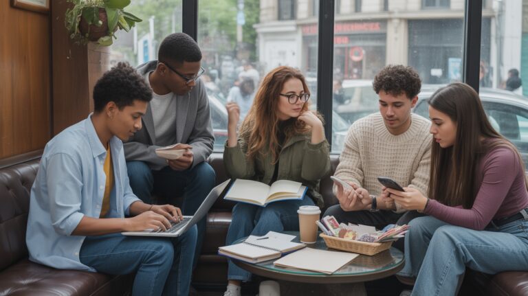 Photo réaliste d'étudiants collaborant dans un café, illustrant différentes façons de gagner de l'argent avec un aspect naturel et authentique.