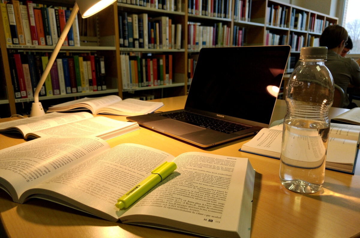 Table de travail avec des livres ouverts et un ordinateur portable